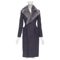 THOM BROWNE grey beaver fur blue collar wool felt silk lined coat JP2 M