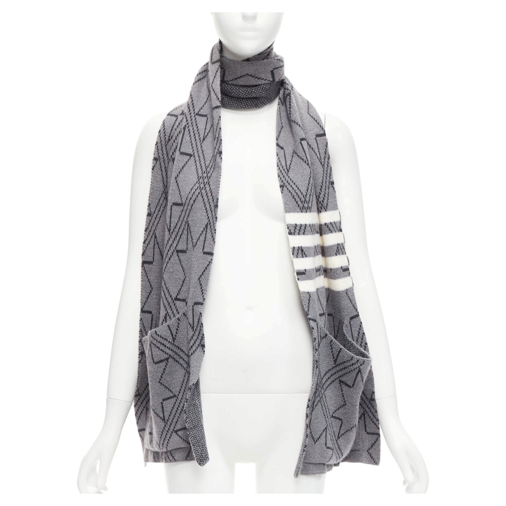 THOM BROWNE grey black graphic star 4 bar stripes pocketed long scarf For Sale