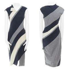 THOM BROWNE grey diagonal bias cut asymmetric collar side zip dress US0