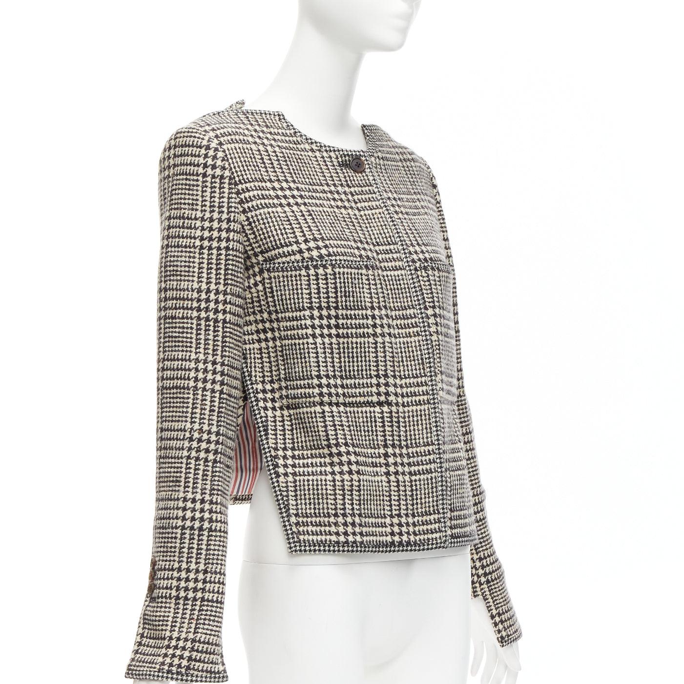 Women's THOM BROWNE grey wool herringbone tweed slit neck classic jacket JP3 L