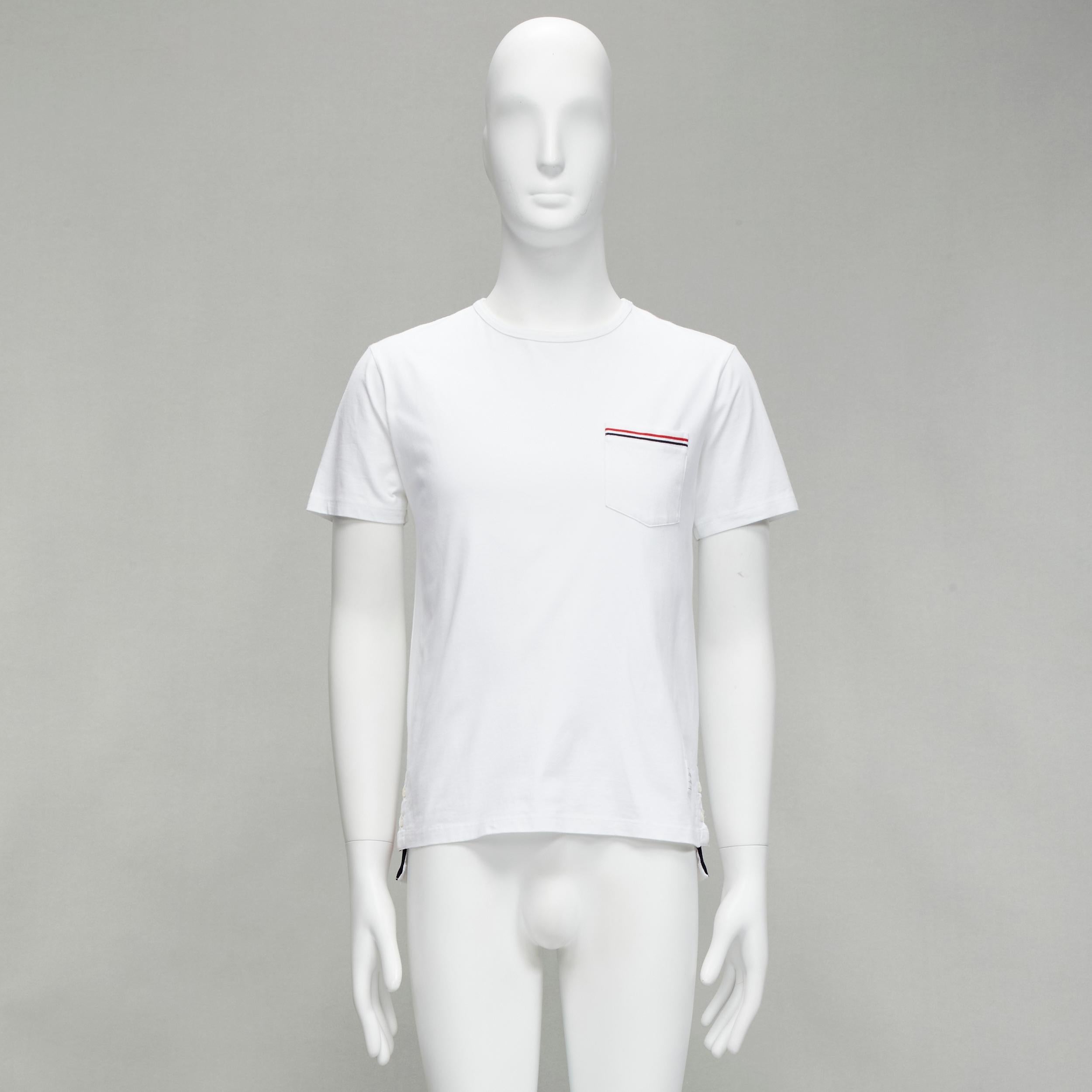 THOM BROWNE iconic stripes patch pocket white cotton tshirt Sz. 1 S For Sale 5