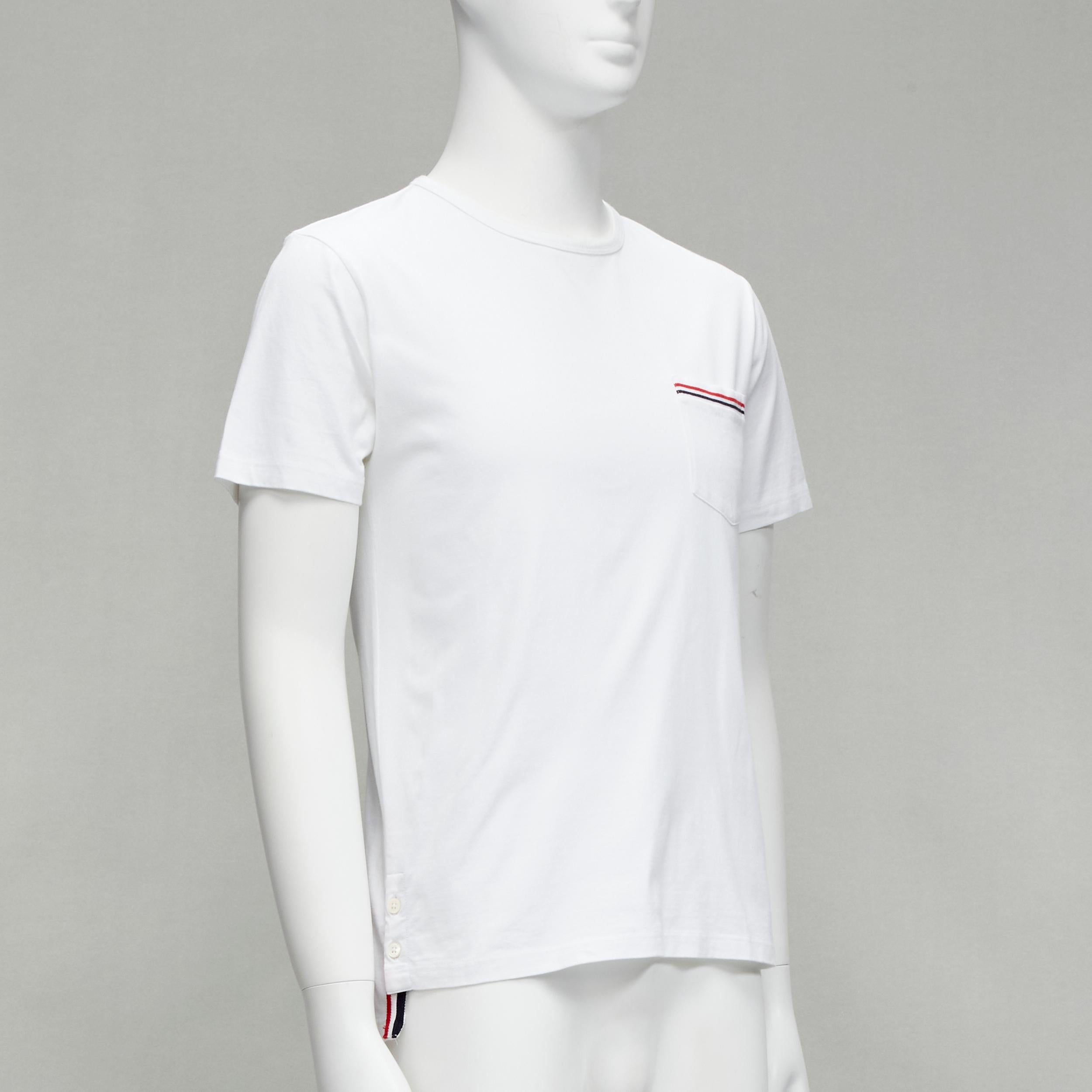 Gray THOM BROWNE iconic stripes patch pocket white cotton tshirt Sz. 1 S For Sale