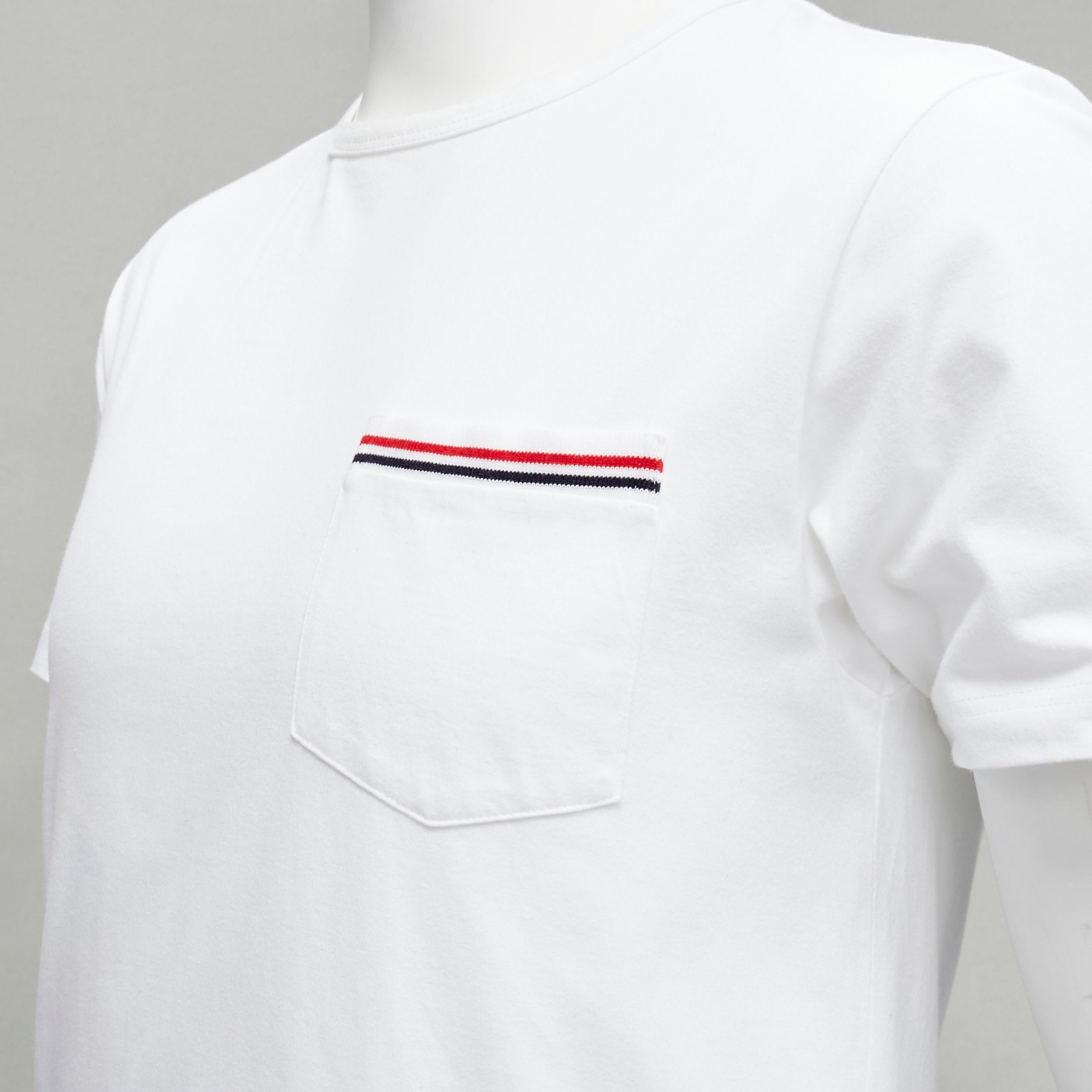 THOM BROWNE iconic stripes patch pocket white cotton tshirt Sz. 1 S For Sale 2
