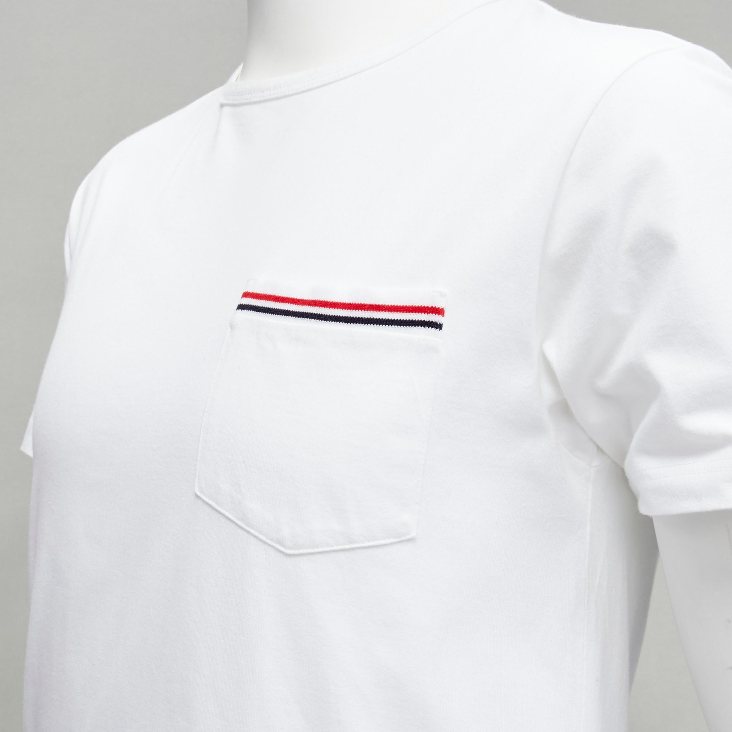 THOM BROWNE iconic stripes patch pocket white cotton tshirt Sz. 1 S For Sale 2