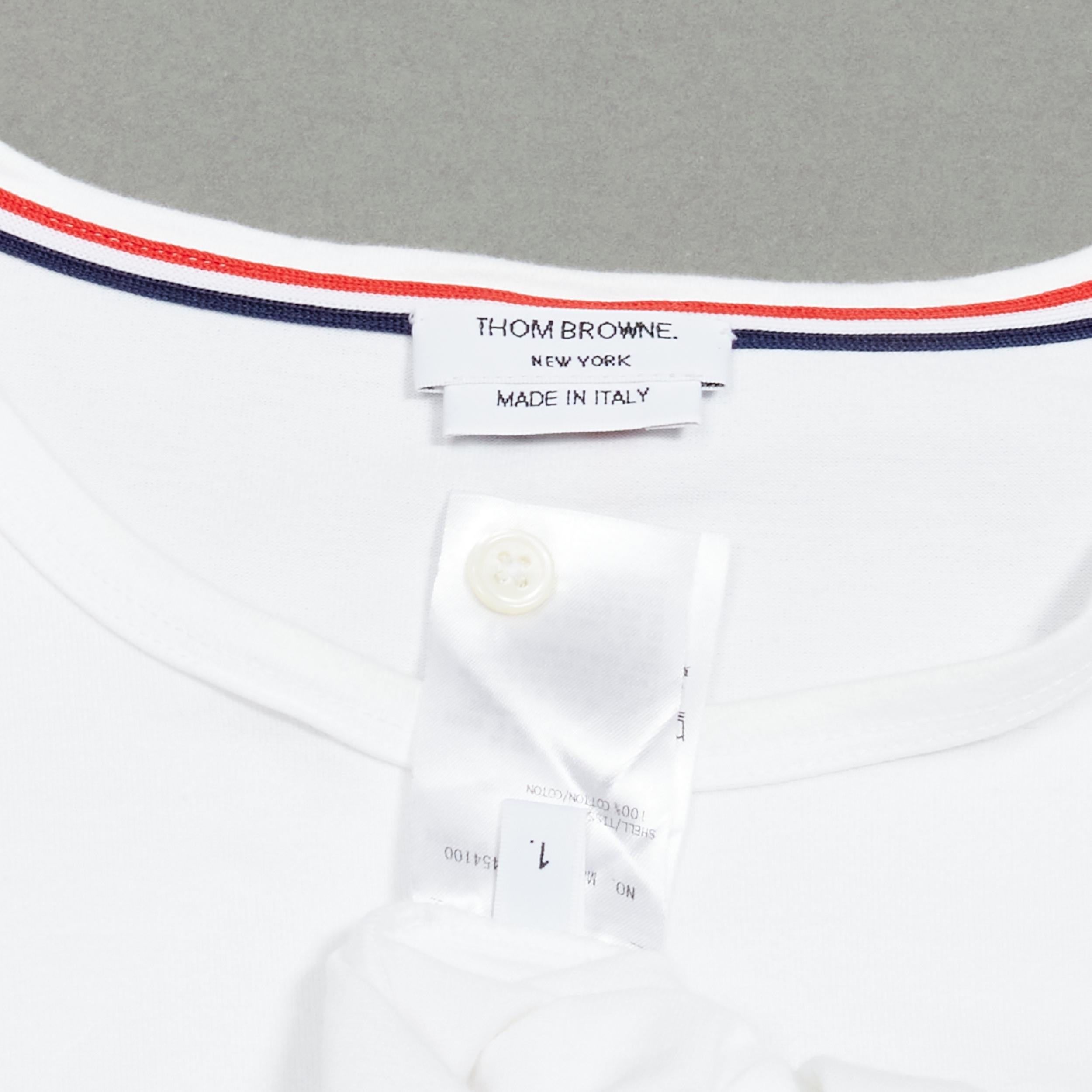 THOM BROWNE iconic stripes patch pocket white cotton tshirt Sz. 1 S For Sale 4