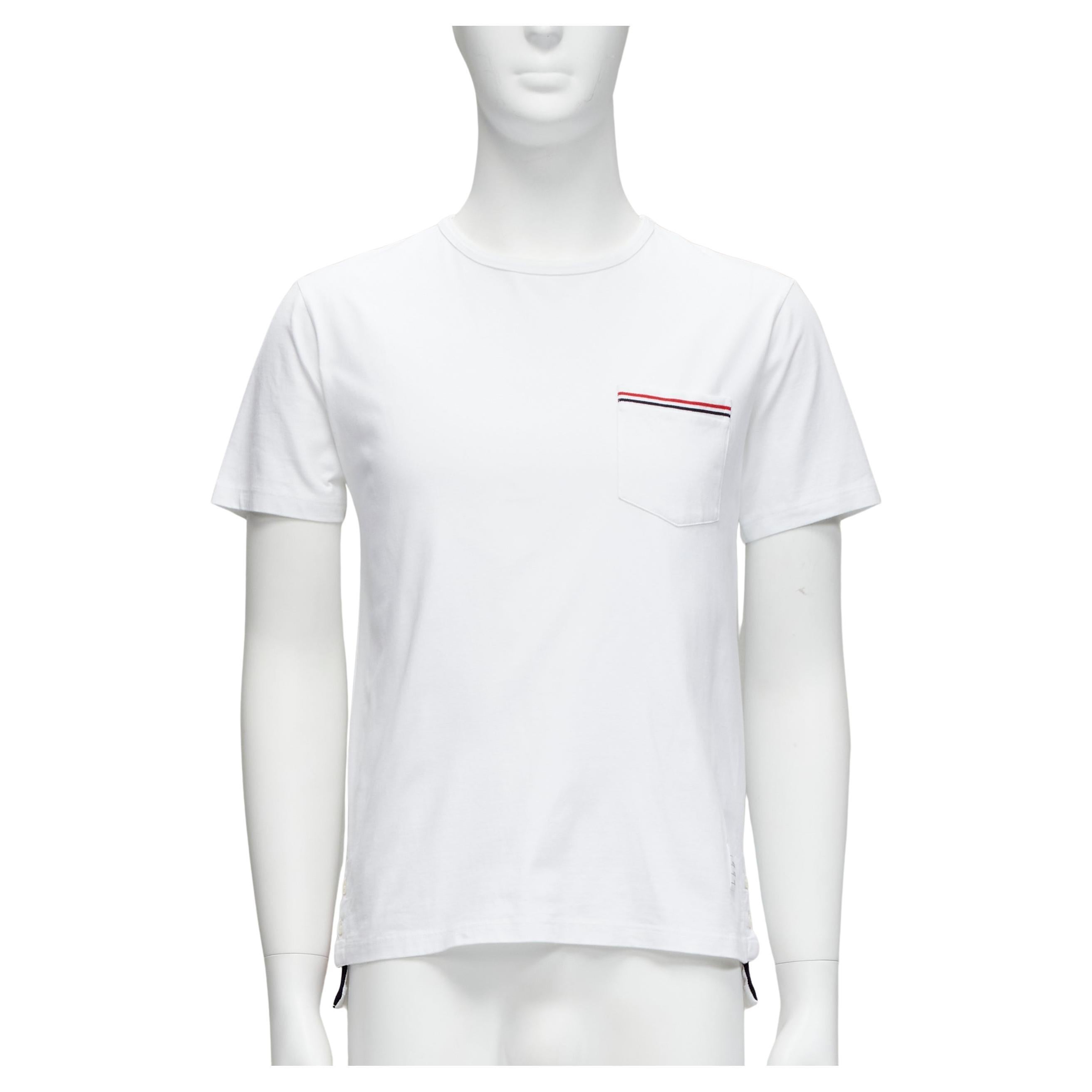 THOM BROWNE iconic stripes patch pocket white cotton tshirt Sz. 1 S For Sale