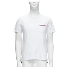 THOM BROWNE - T-shirt en coton blanc à rayures emblématiques et à poches patch, taille 1 S