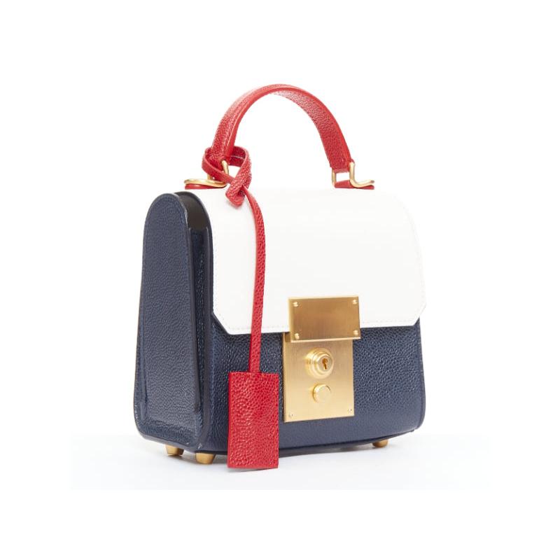 Beige THOM BROWNE Mini Mrs Thom red white navy calfskin stripe detail top handle bag en vente