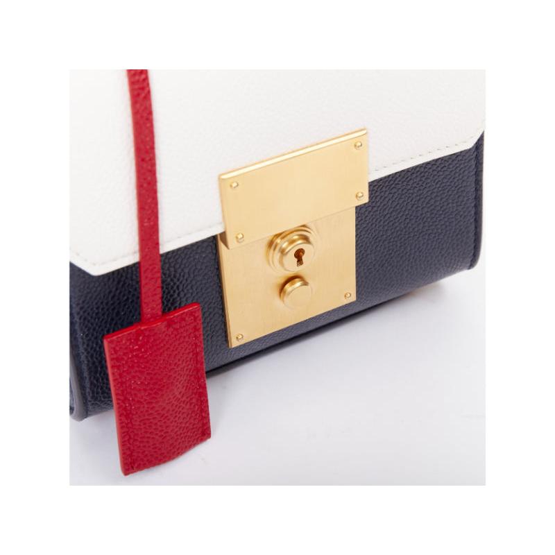 THOM BROWNE Mini Mrs Thom red white navy calfskin stripe detail top handle bag en vente 2