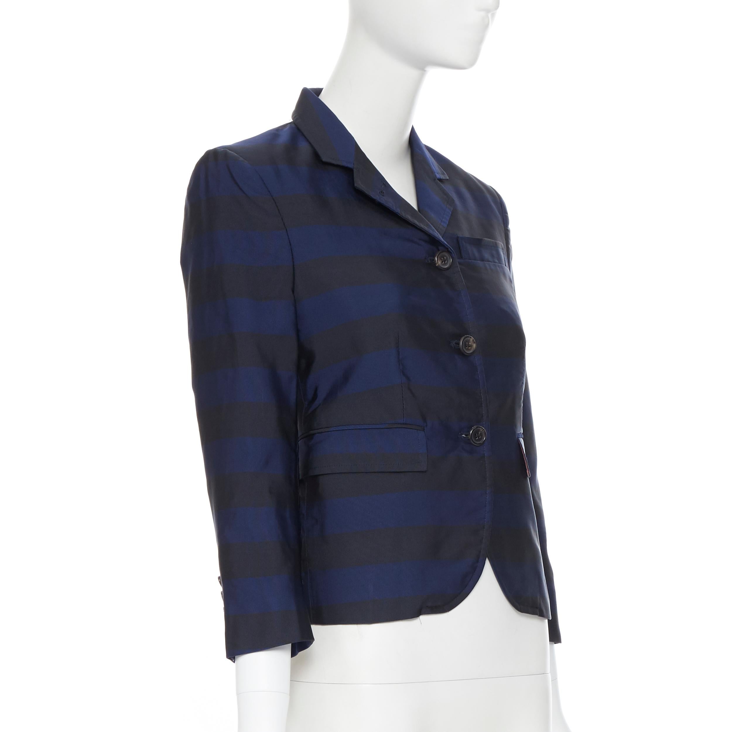 Black THOM BROWNE navy blue black stripe silk cotton 3-button fitted blazer jacket XS