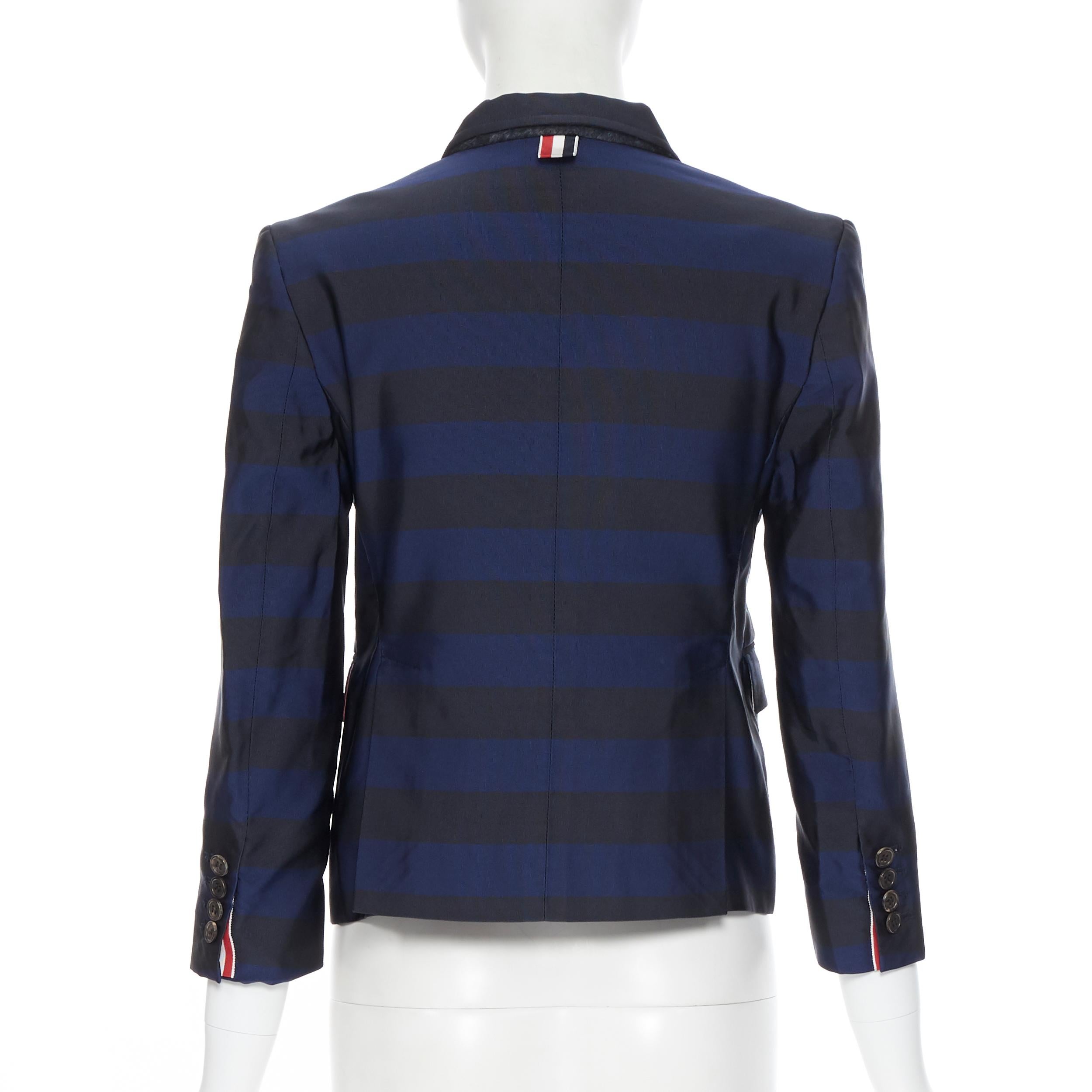 Women's THOM BROWNE navy blue black stripe silk cotton 3-button fitted blazer jacket XS