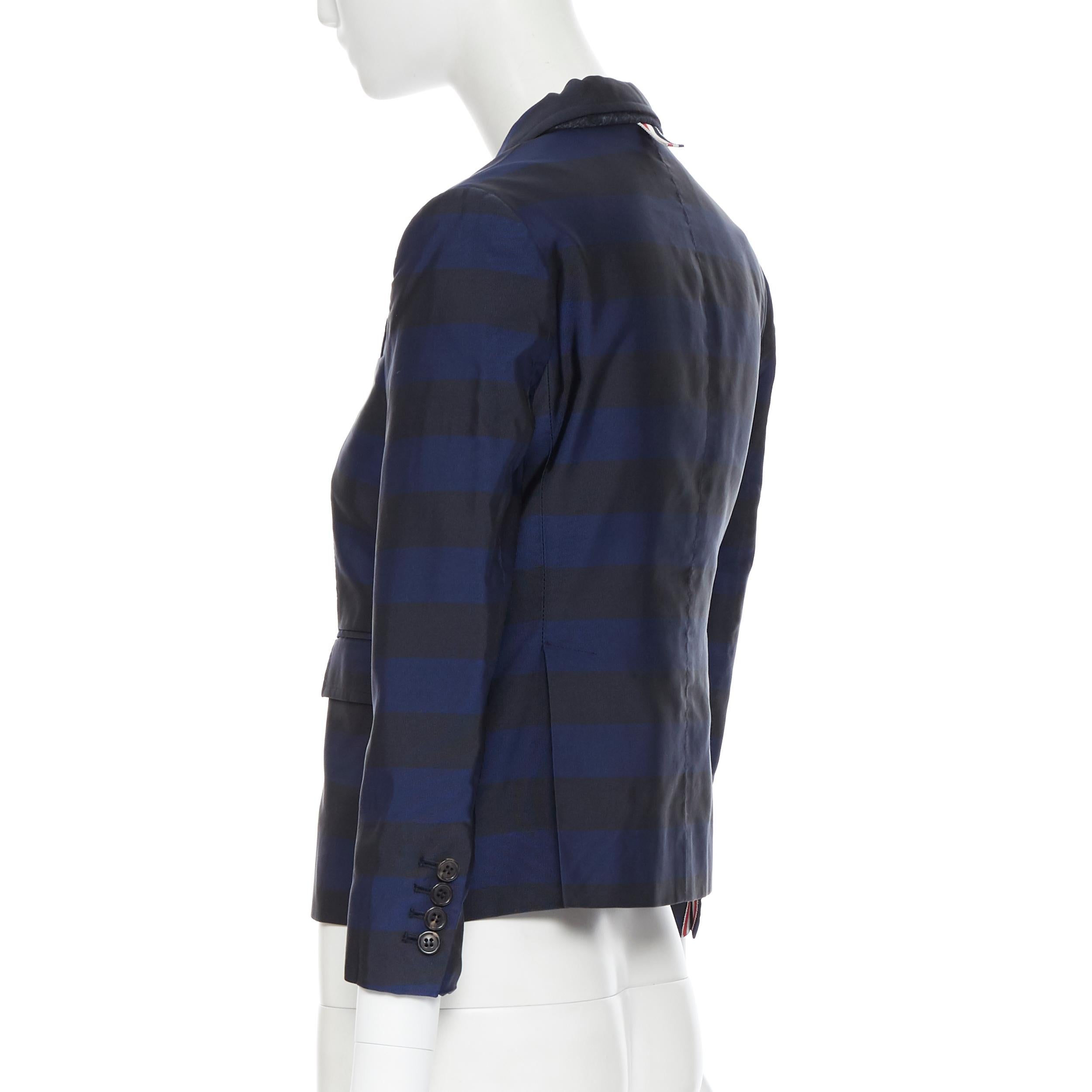 THOM BROWNE navy blue black stripe silk cotton 3-button fitted blazer jacket XS 1