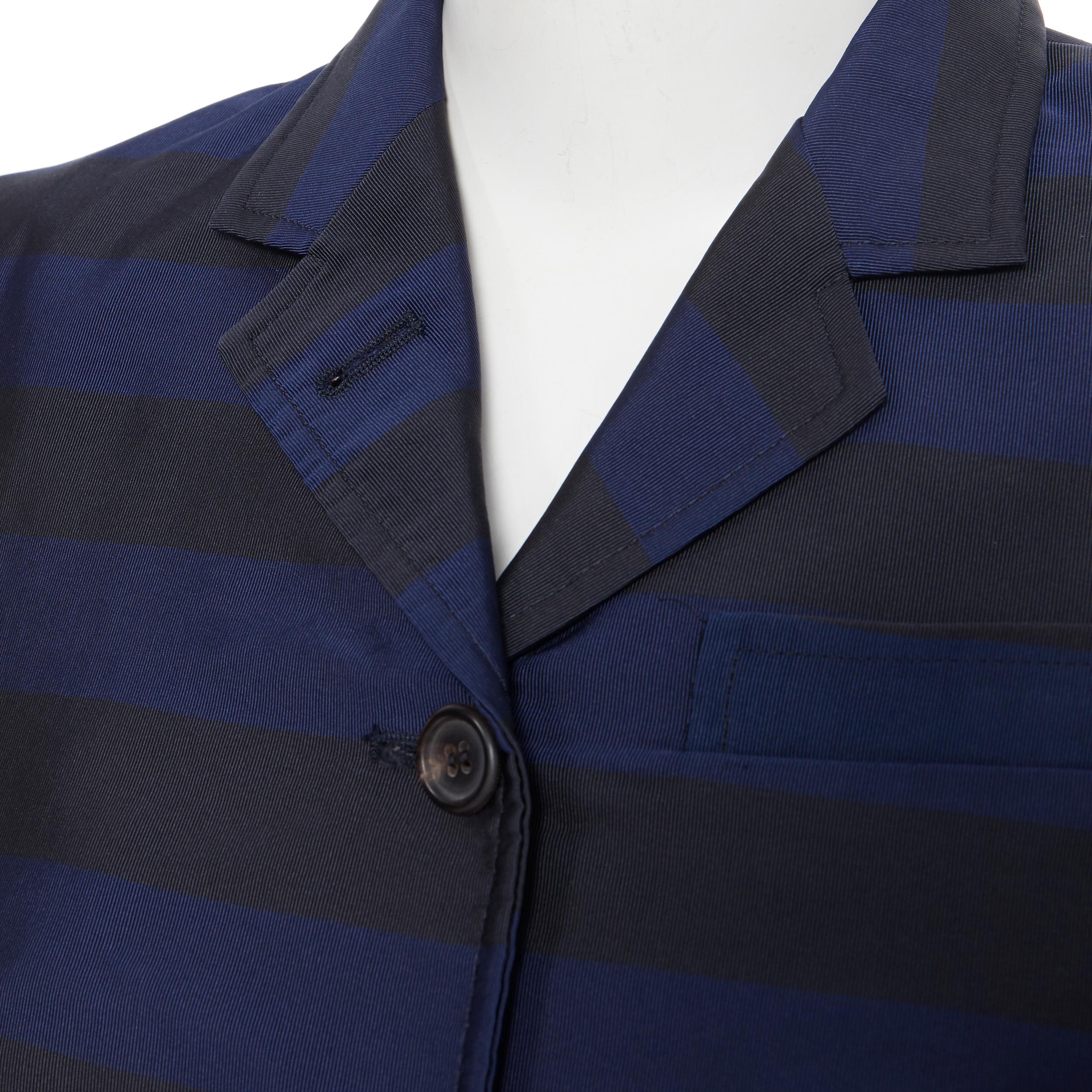 THOM BROWNE navy blue black stripe silk cotton 3-button fitted blazer jacket XS 2