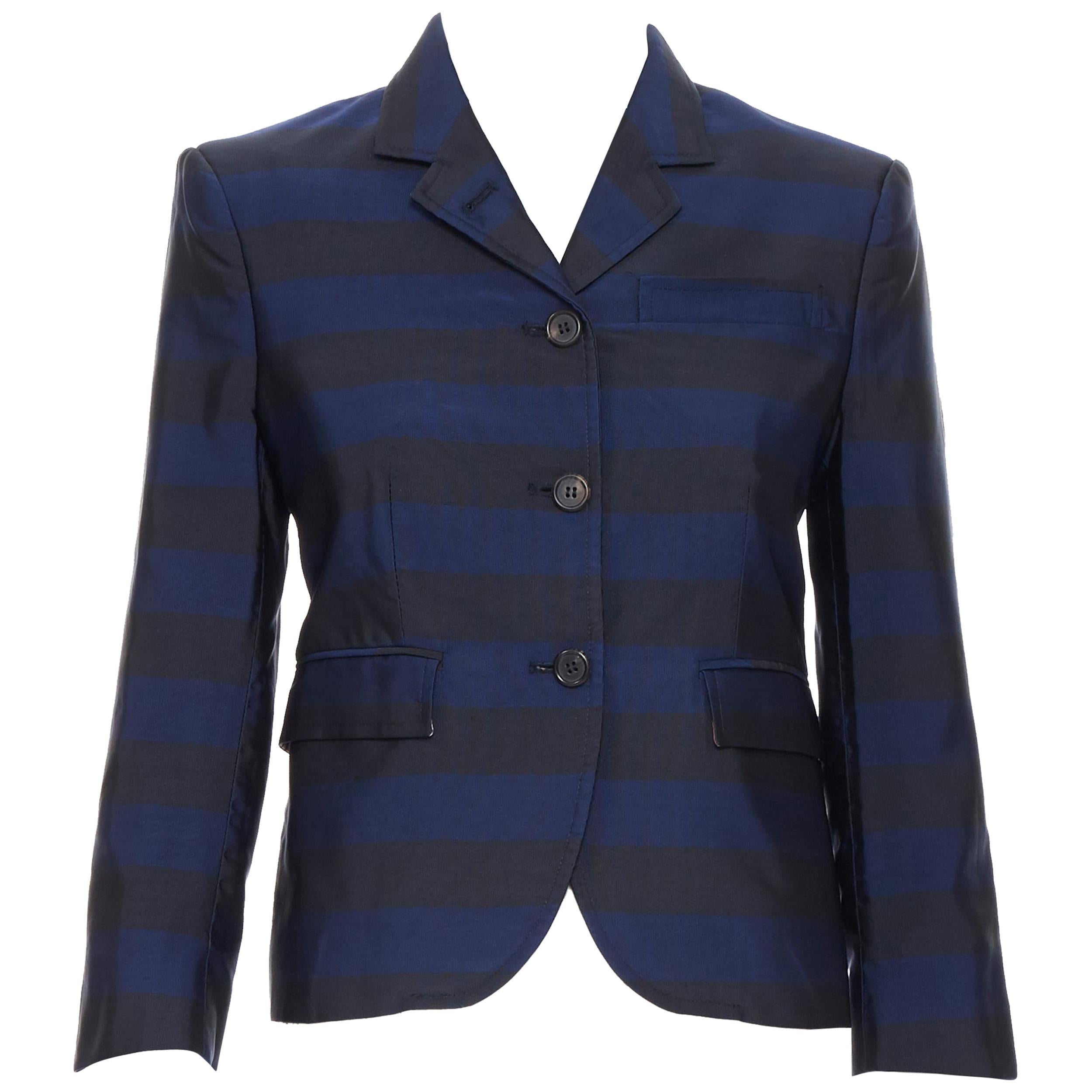 THOM BROWNE navy blue black stripe silk cotton 3-button fitted blazer jacket XS