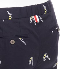 THOM BROWNE navy blue cotton yellow diver embroidery cropped chino pants US0 XS