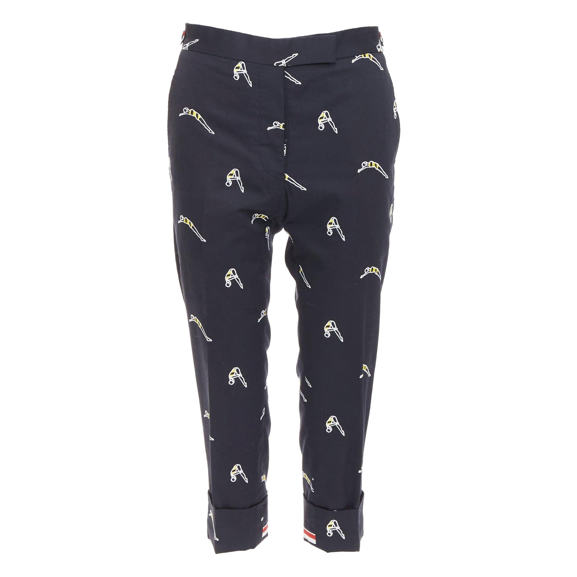 THOM BROWNE azul marino algodón amarillo buzo bordado pantalón chino recortado US0 XS en venta