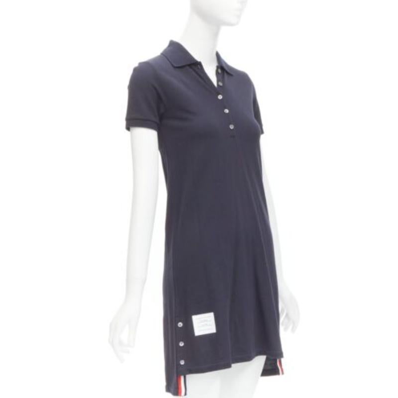Black THOM BROWNE navy blue signature stripe webbing pique polo dress IT36 XXS For Sale