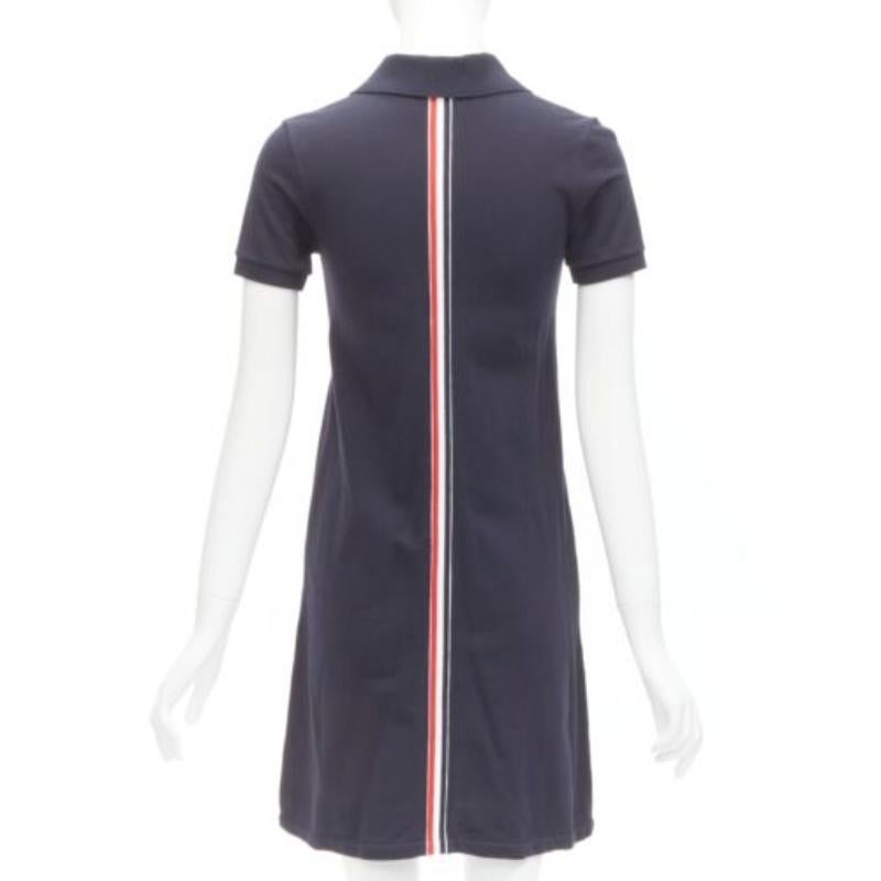 Women's THOM BROWNE navy blue signature stripe webbing pique polo dress IT36 XXS For Sale