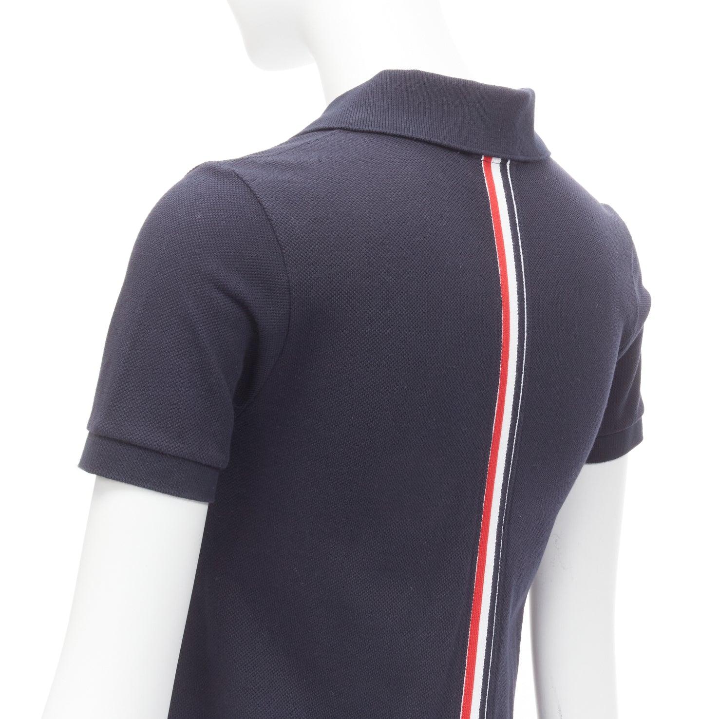 THOM BROWNE navy blue signature stripe webbing pique polo dress IT36 XXS For Sale 1