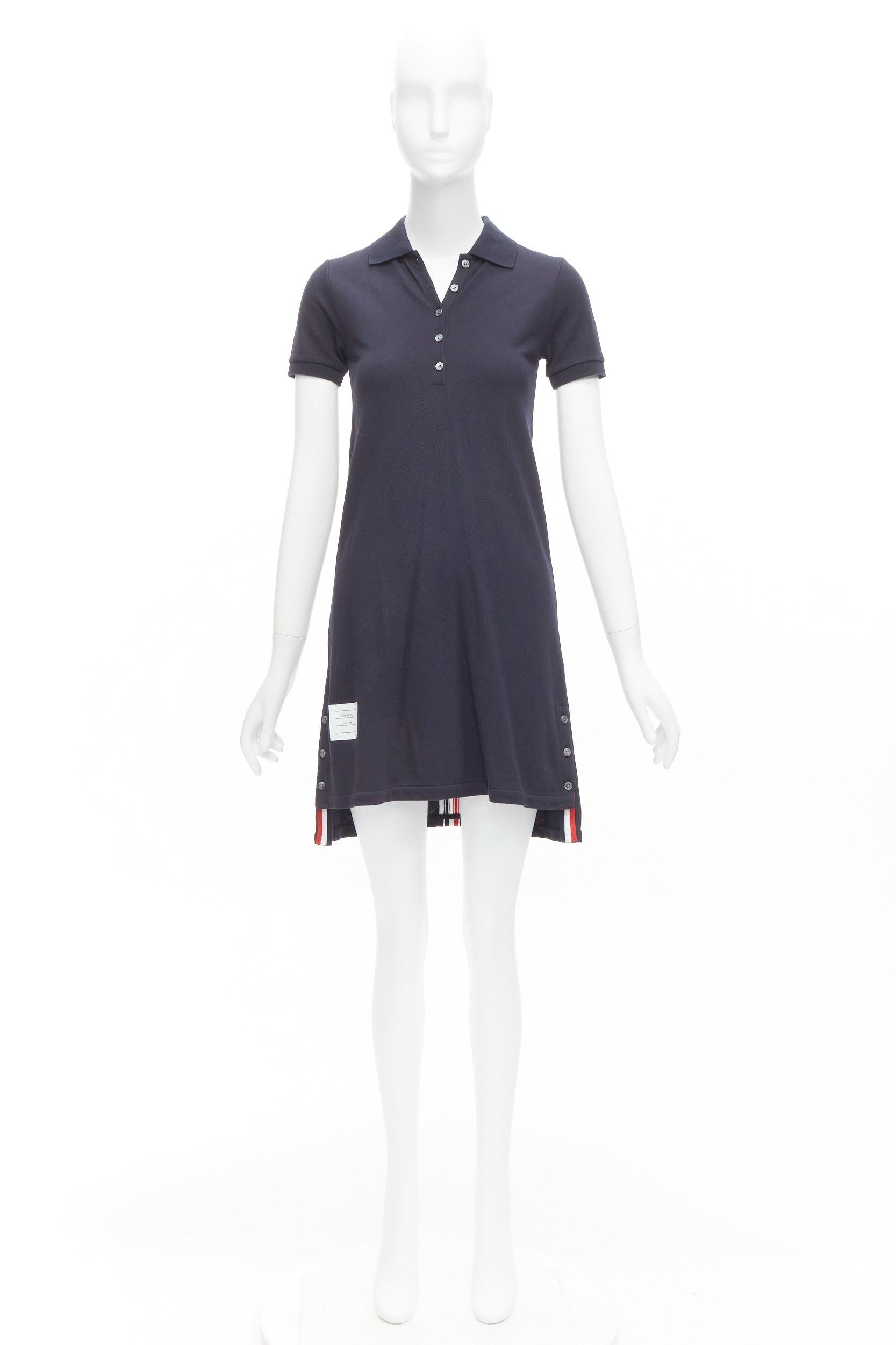 THOM BROWNE navy blue signature stripe webbing pique polo dress IT36 XXS For Sale 3