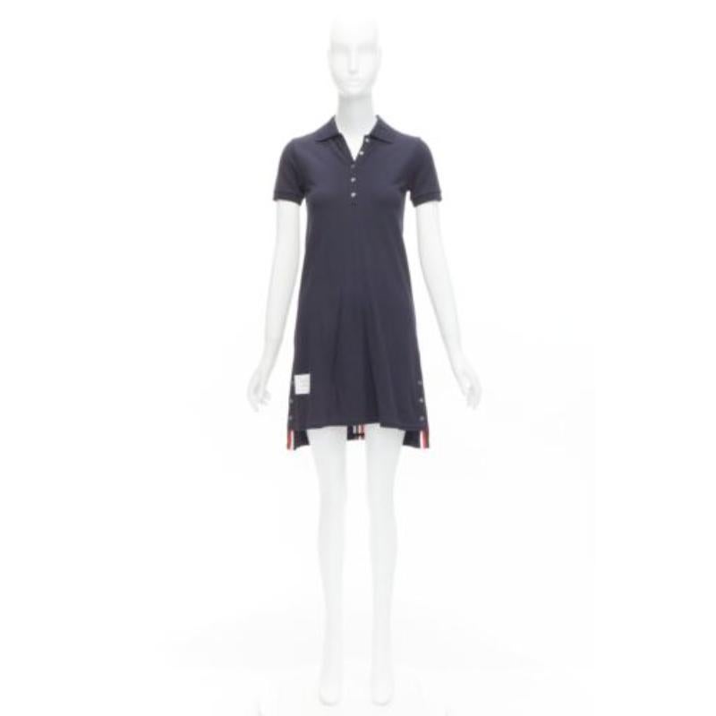 THOM BROWNE navy blue signature stripe webbing pique polo dress IT36 XXS For Sale 4