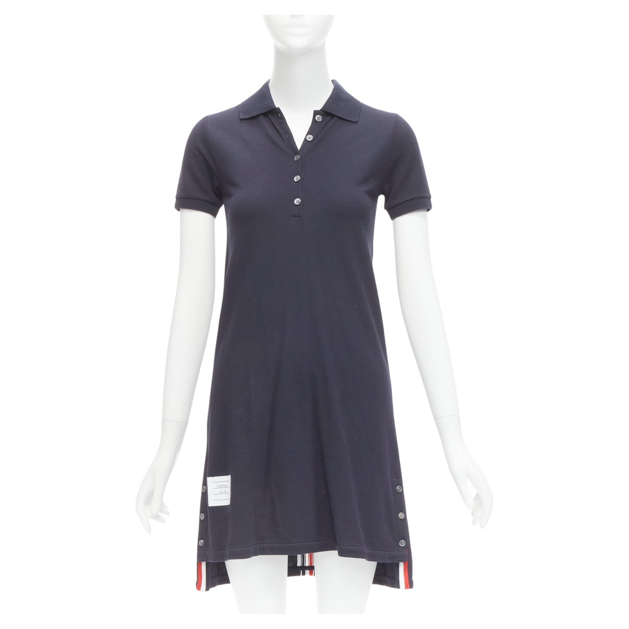 THOM BROWNE navy blue signature stripe webbing pique polo dress IT36 XXS For Sale
