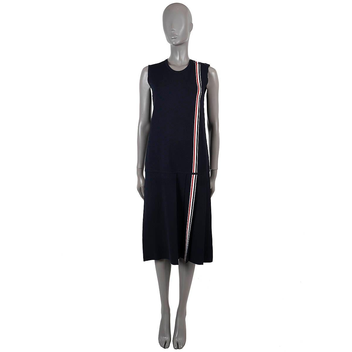Women's THOM BROWNE navy blue viscose CRICKET STRIPE KNIT MIDI Dress 44 L For Sale