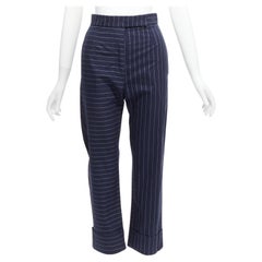 THOM BROWNE navy cotton directional stripes insert belt cropped cuffed pants