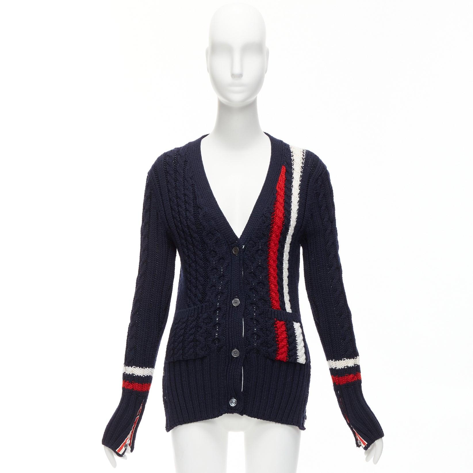 THOM BROWNE navy red white wool aran cable knit cardigan sweater IT40 S For Sale 6