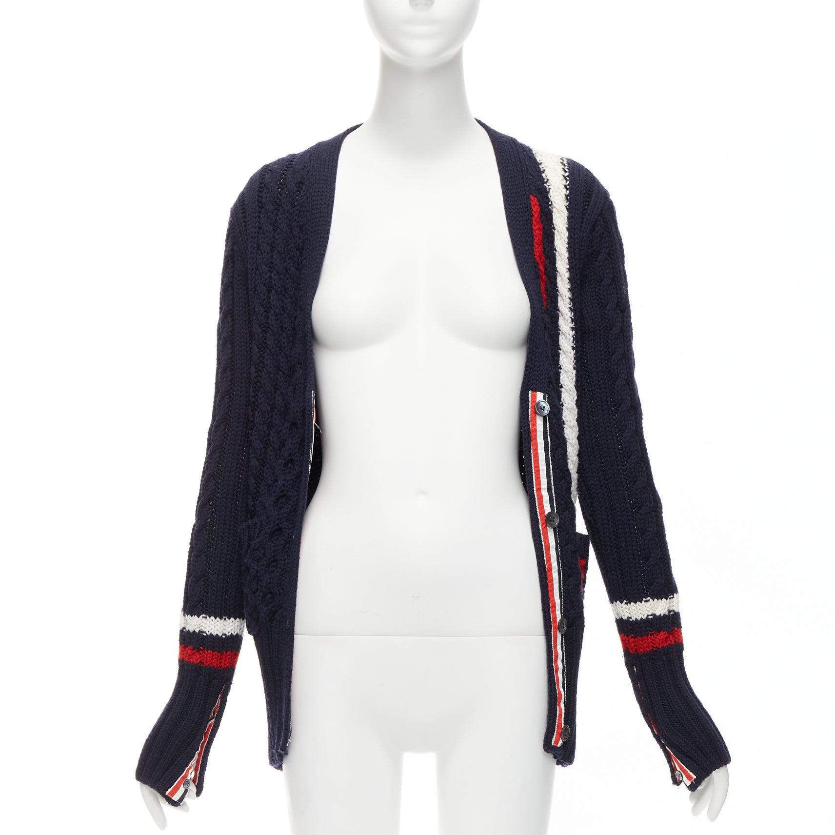 THOM BROWNE navy red white wool aran cable knit cardigan sweater IT40 S In Good Condition For Sale In Hong Kong, NT