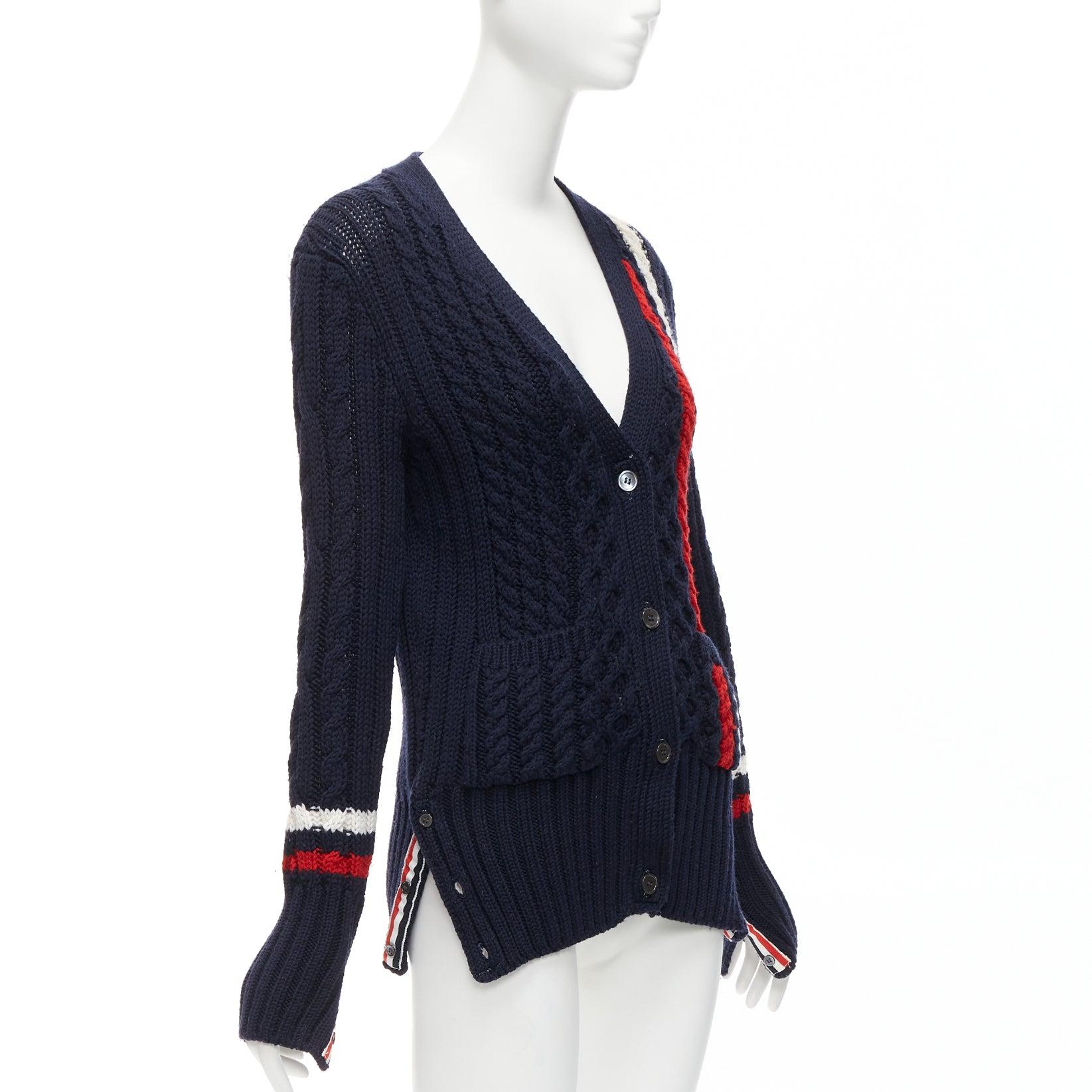 Women's THOM BROWNE navy red white wool aran cable knit cardigan sweater IT40 S For Sale