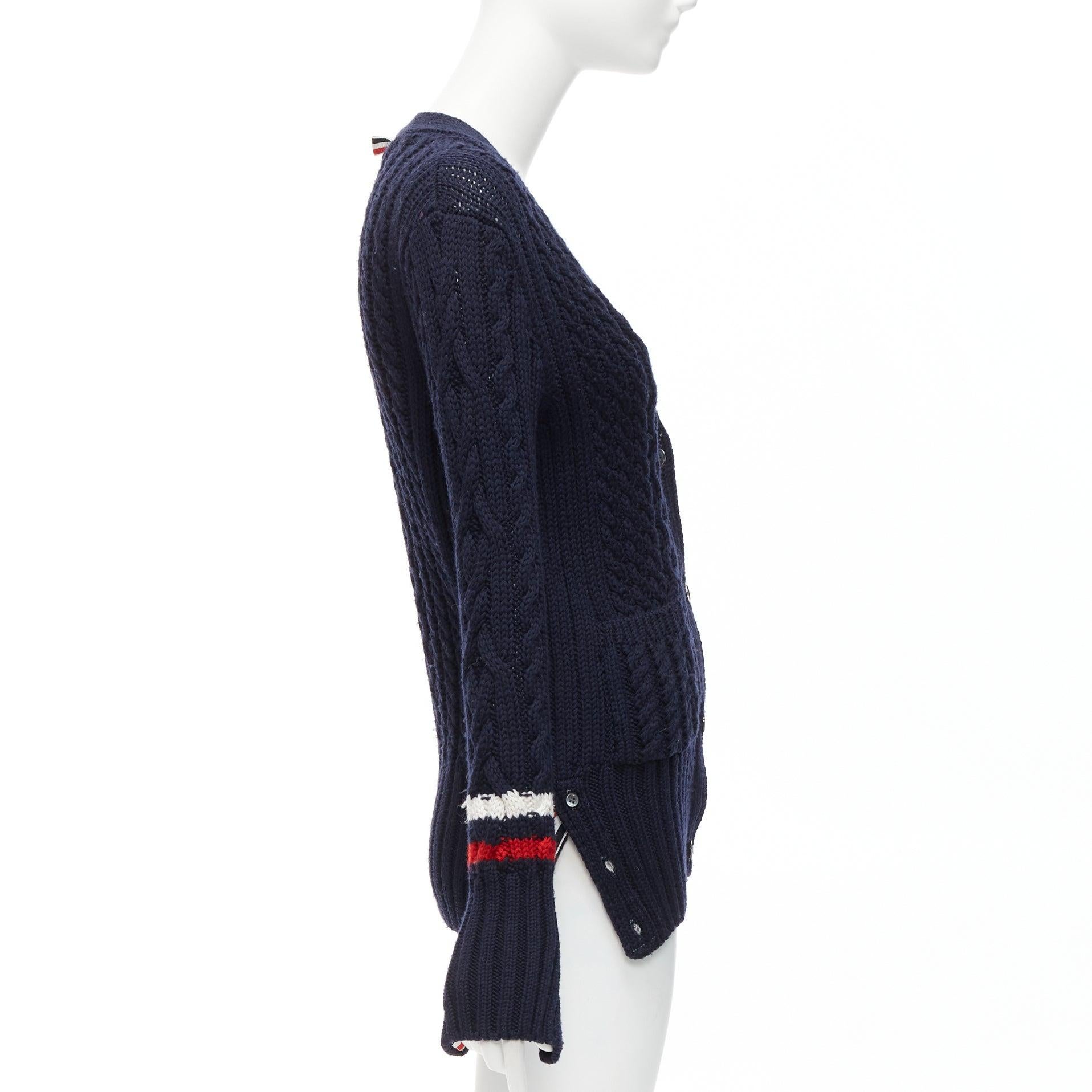 THOM BROWNE navy red white wool aran cable knit cardigan sweater IT40 S For Sale 1