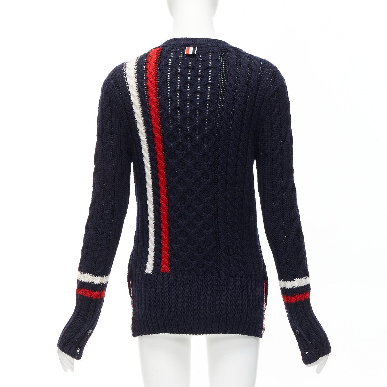 THOM BROWNE navy red white wool aran cable knit cardigan sweater IT40 S For Sale 2