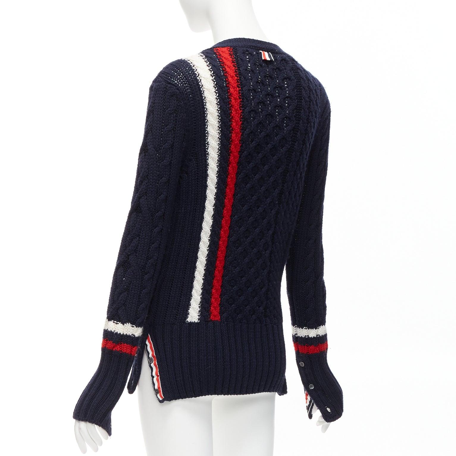 THOM BROWNE navy red white wool aran cable knit cardigan sweater IT40 S For Sale 3