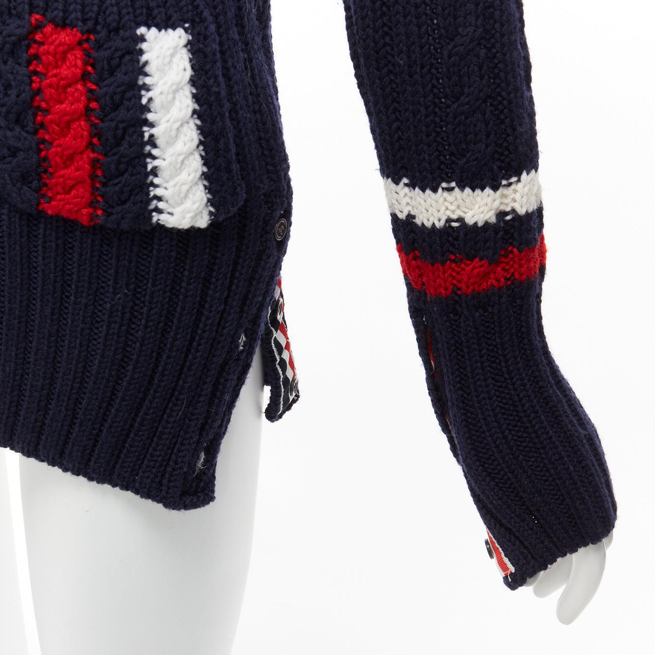 THOM BROWNE navy red white wool aran cable knit cardigan sweater IT40 S For Sale 4