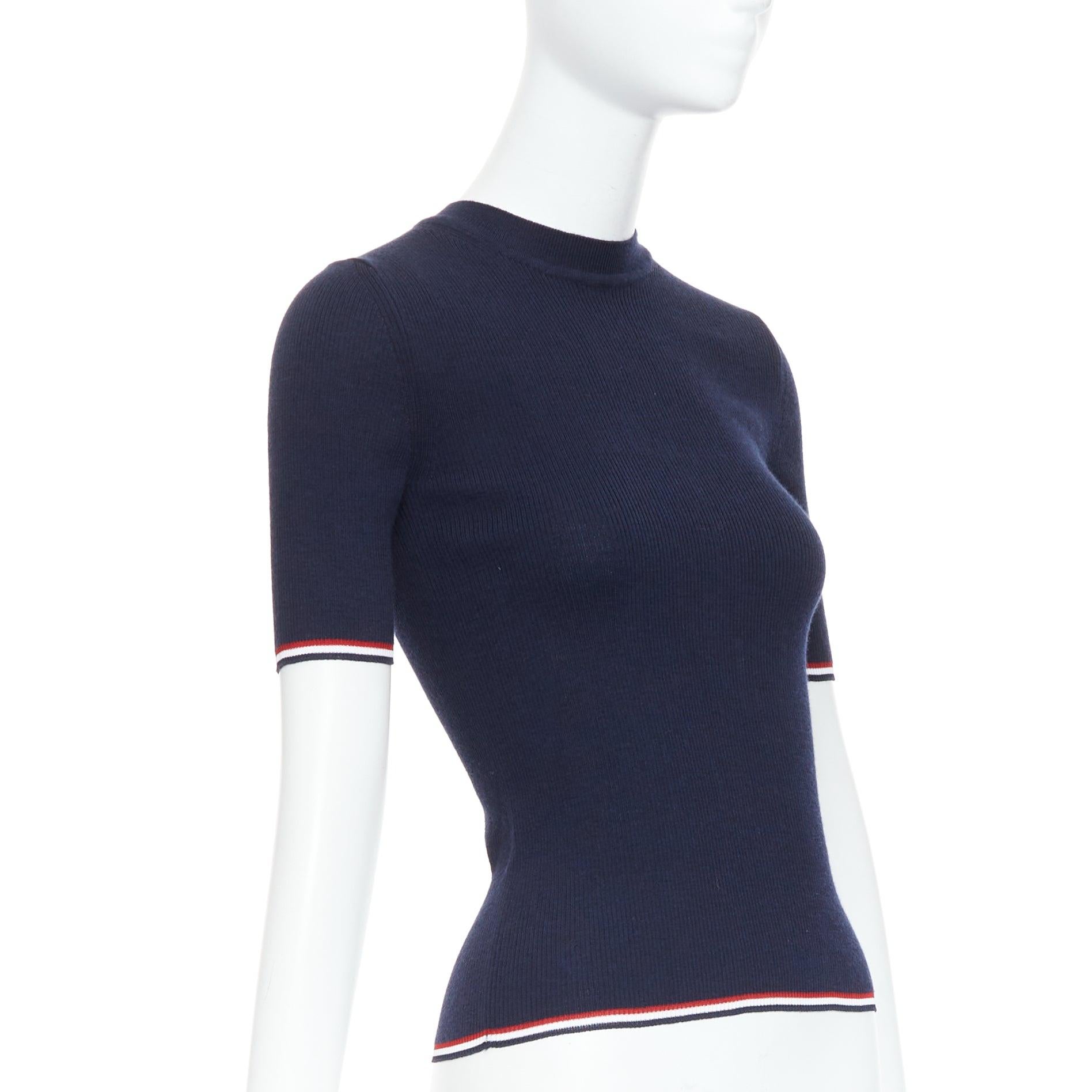 THOM BROWNE marineblaues Wollgemisch, rot-weißer Besatz, Pointelle-Strick-T-Shirt, IT36 XXS (Schwarz) im Angebot