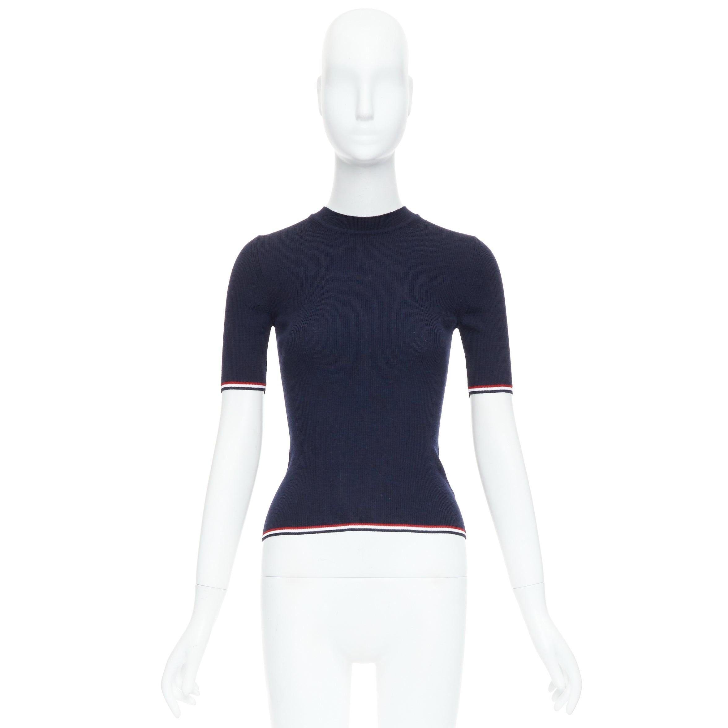 THOM BROWNE marineblaues Wollgemisch, rot-weißer Besatz, Pointelle-Strick-T-Shirt, IT36 XXS im Angebot 4