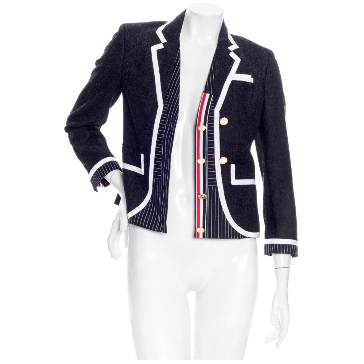 Thom Browne Navy Wool Pinstriped Jacket and Pants Suit For Sale 1