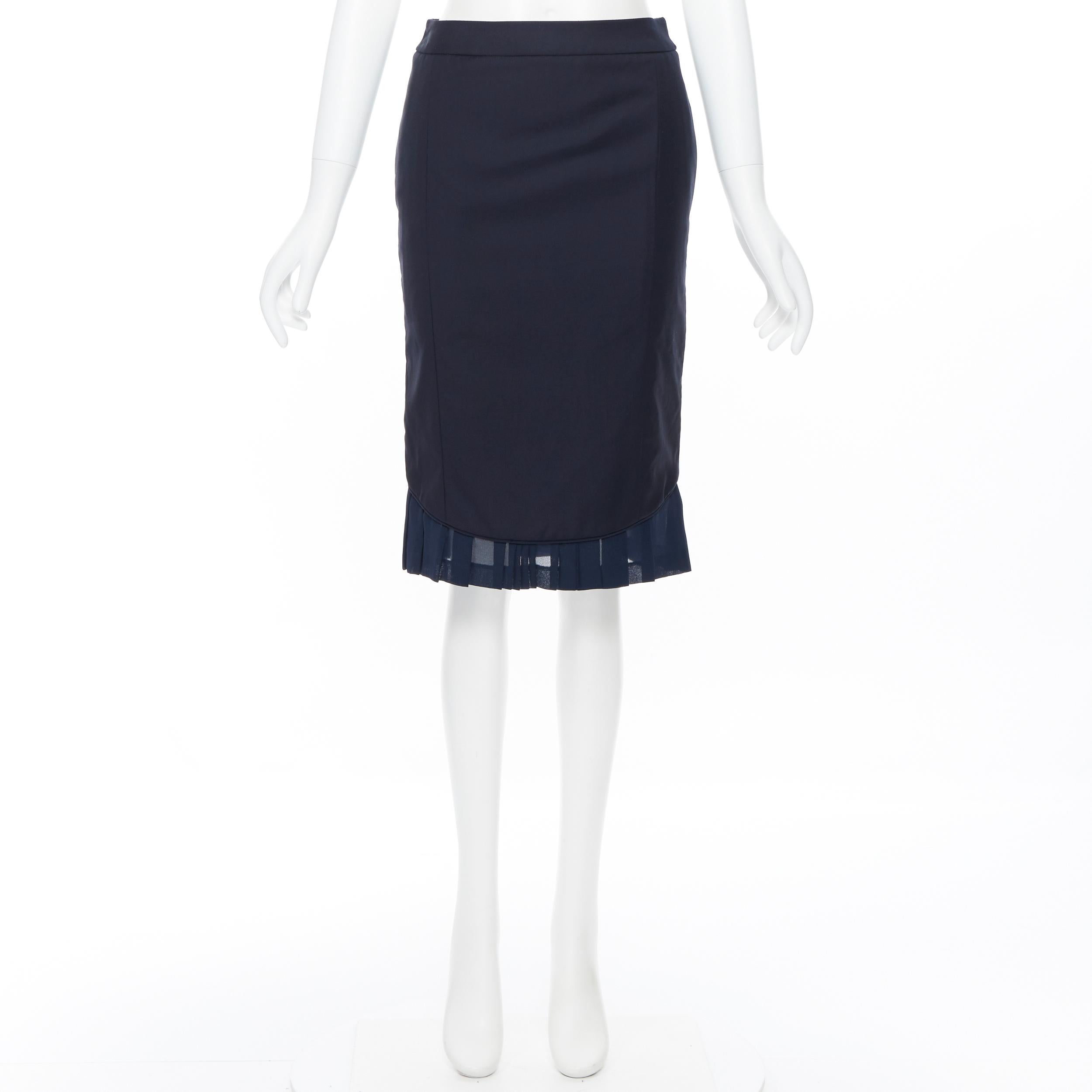 Black THOM BROWNE navy wool pleated silk hem fitted pencil skirt US0 26