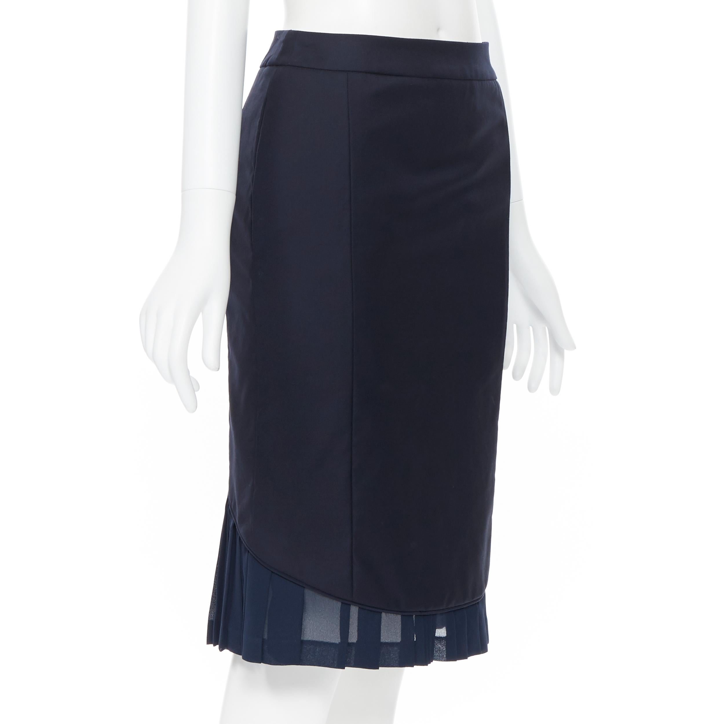THOM BROWNE navy wool pleated silk hem fitted pencil skirt US0 26