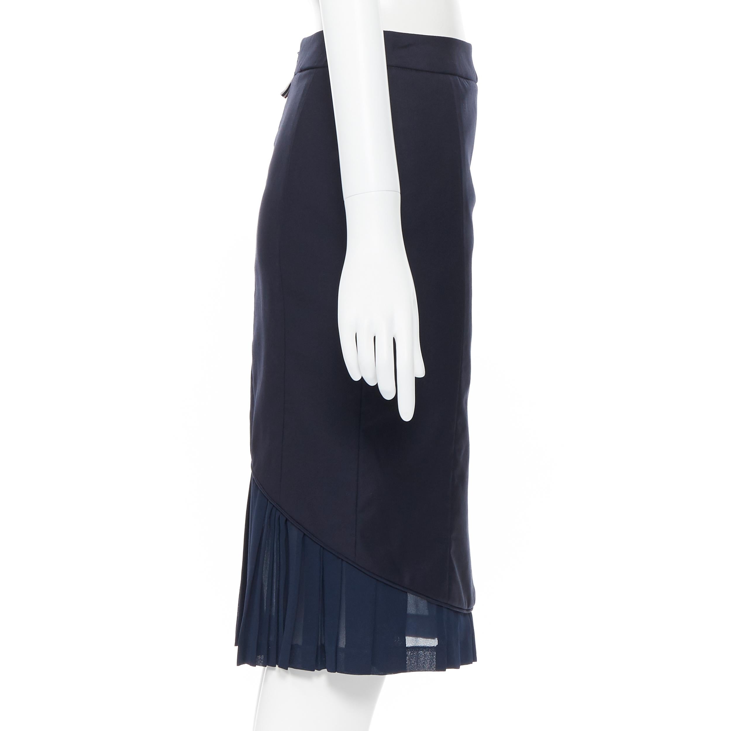 Women's THOM BROWNE navy wool pleated silk hem fitted pencil skirt US0 26