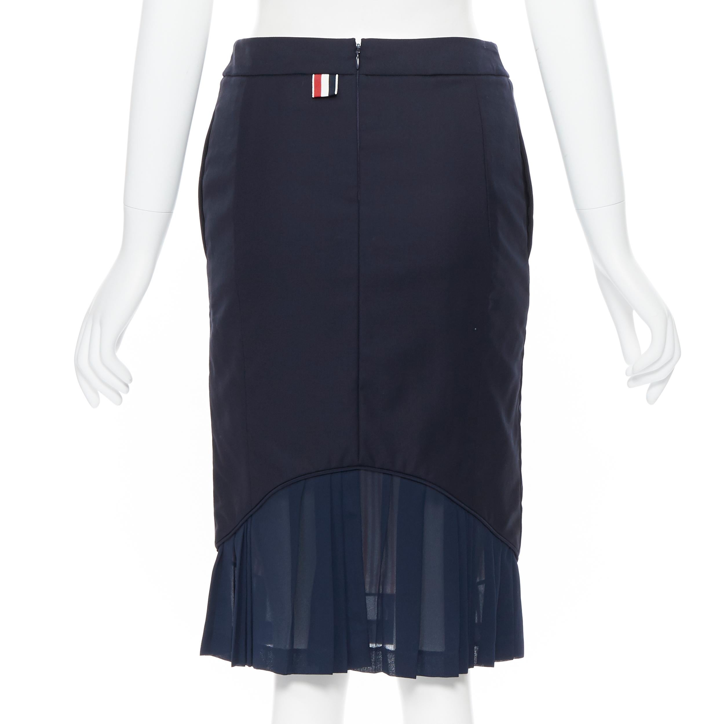 THOM BROWNE navy wool pleated silk hem fitted pencil skirt US0 26