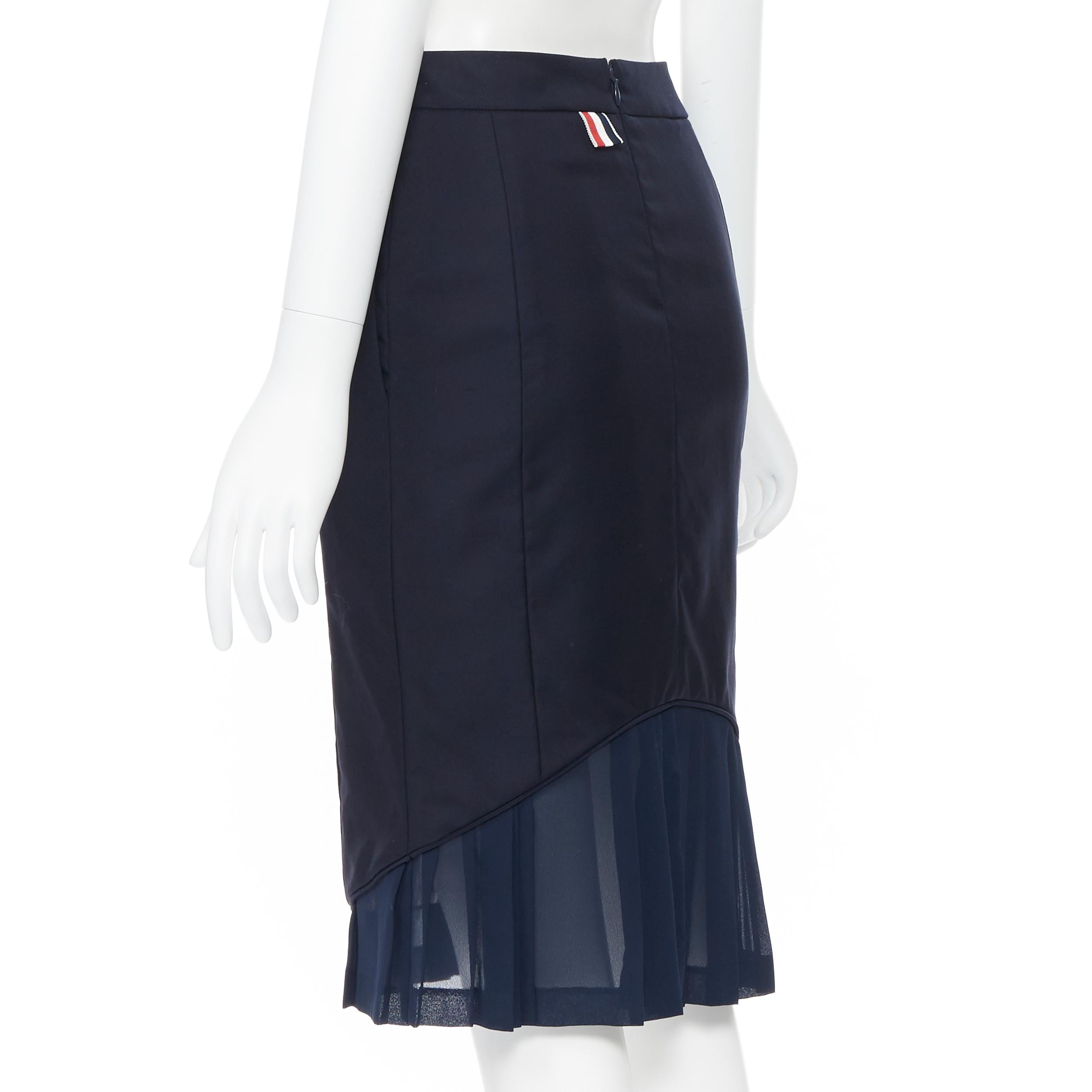 THOM BROWNE navy wool pleated silk hem fitted pencil skirt US0 26