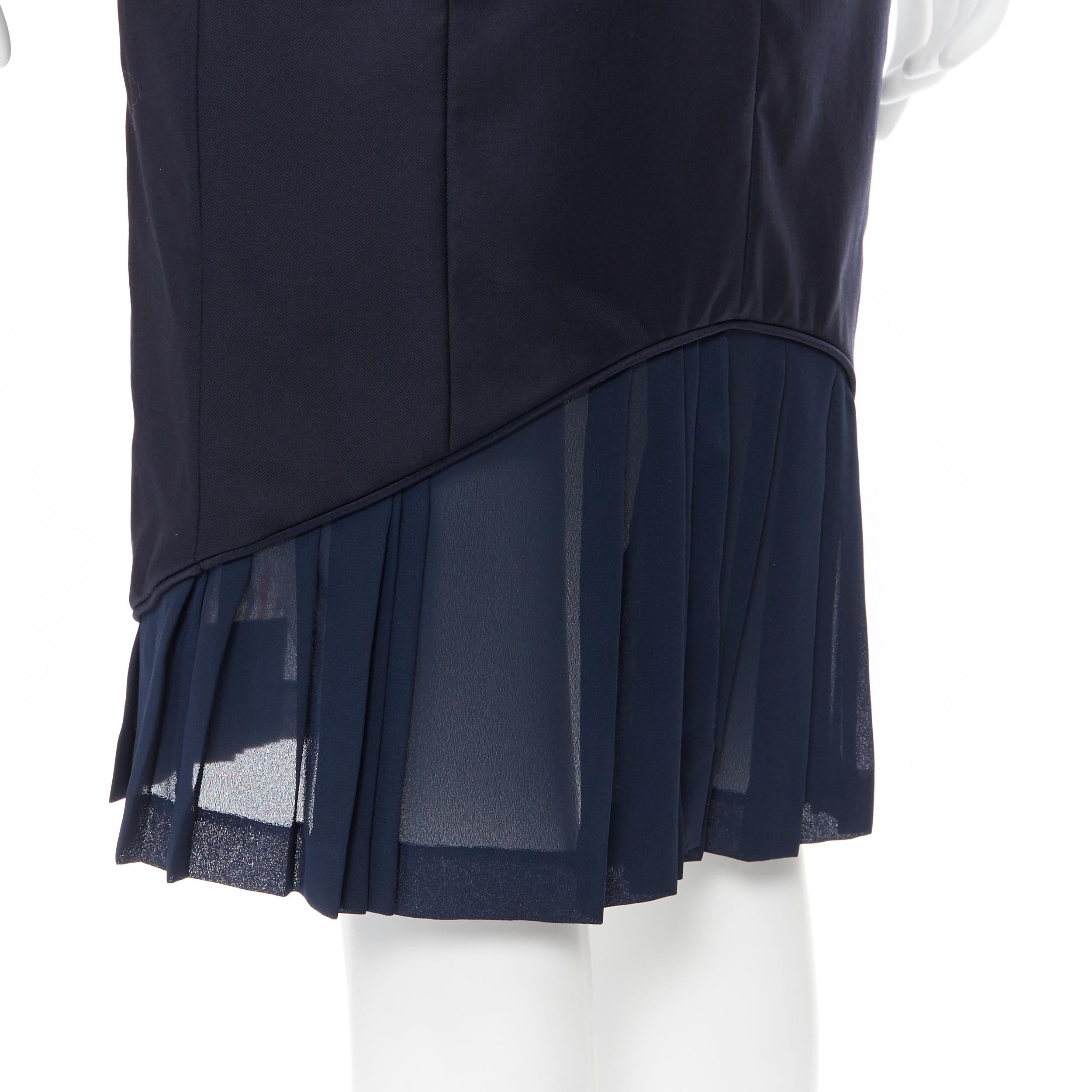THOM BROWNE navy wool pleated silk hem fitted pencil skirt US0 26
