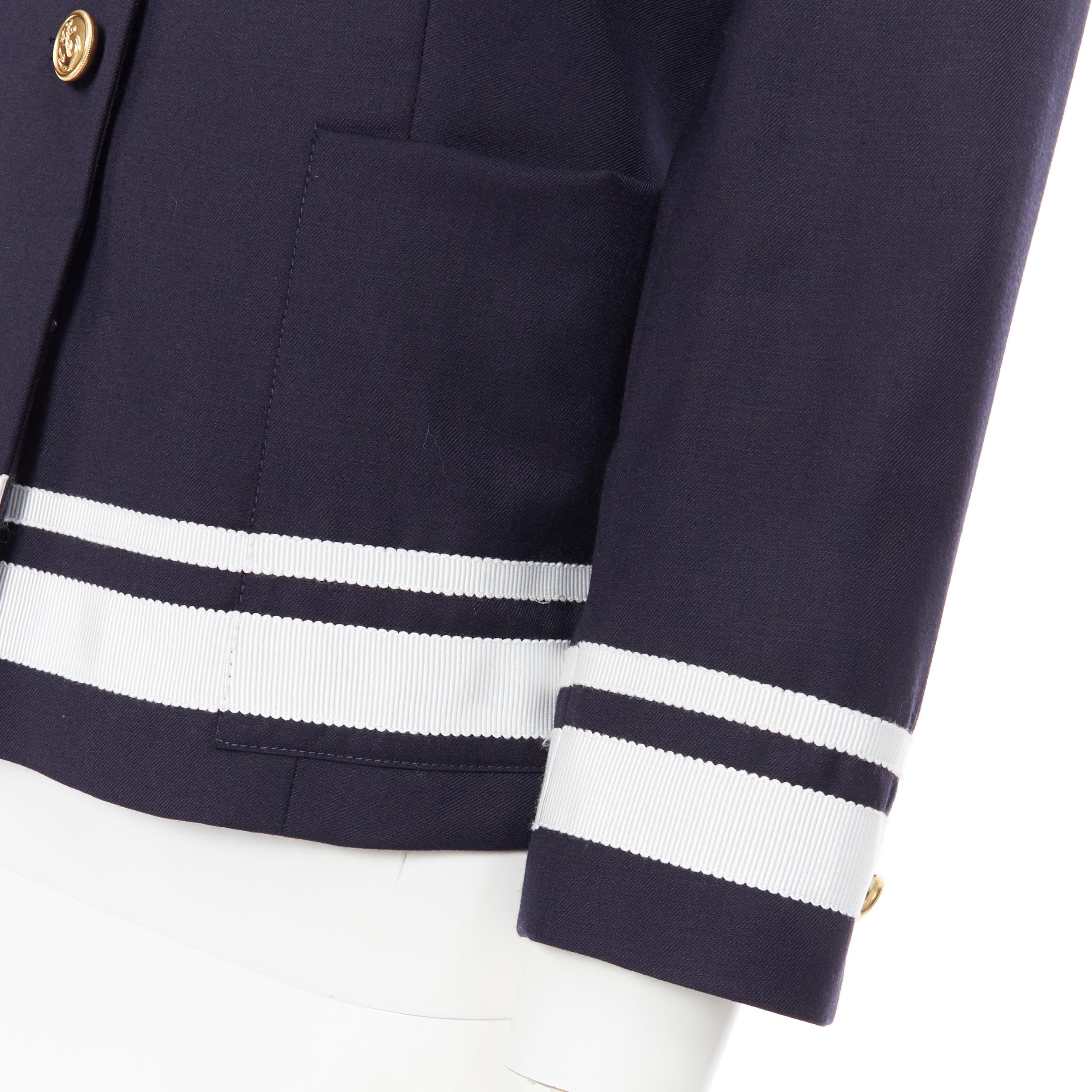 THOM BROWNE navy wool white ribbon trimmed gold sailor button blazer jacket Sz 1 2