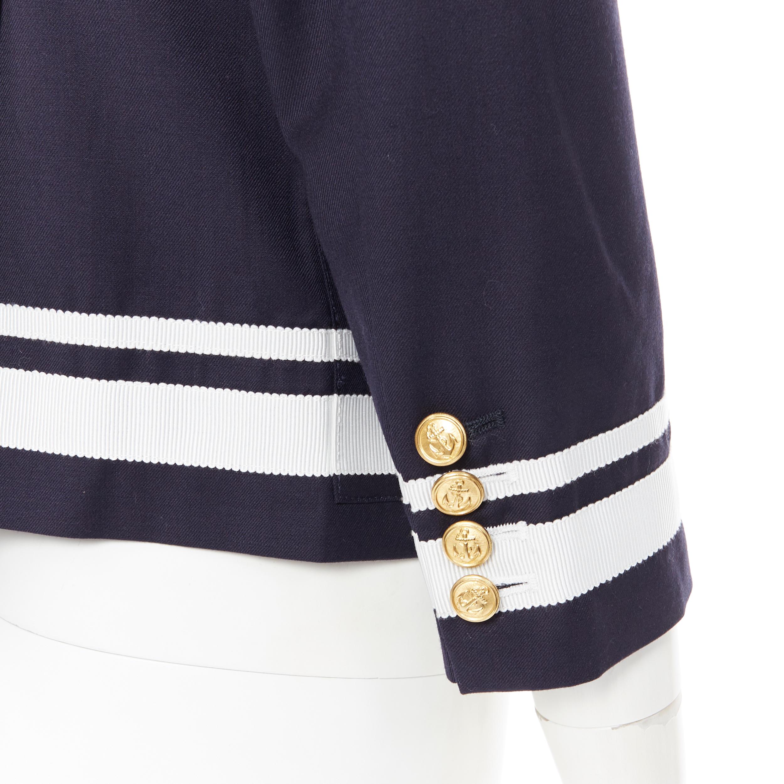 THOM BROWNE navy wool white ribbon trimmed gold sailor button blazer jacket Sz 1 1