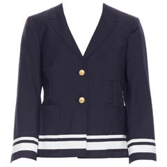 THOM BROWNE navy wool white ribbon trimmed gold sailor button blazer jacket Sz 1