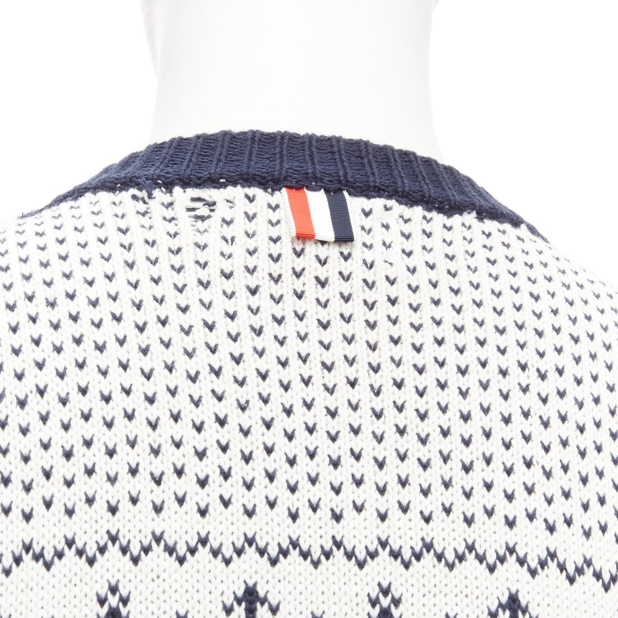 THOM BROWNE off white navy nautical octopus intarsia button shoulder ringer sweater SZ.3 L
Reference: JSLE/A00047
Brand: Thom Browne
Designer: Thom Browne
Material: Cotton
Color: Off White, Navy
Pattern: Abstract
Closure: Button
Extra Details: