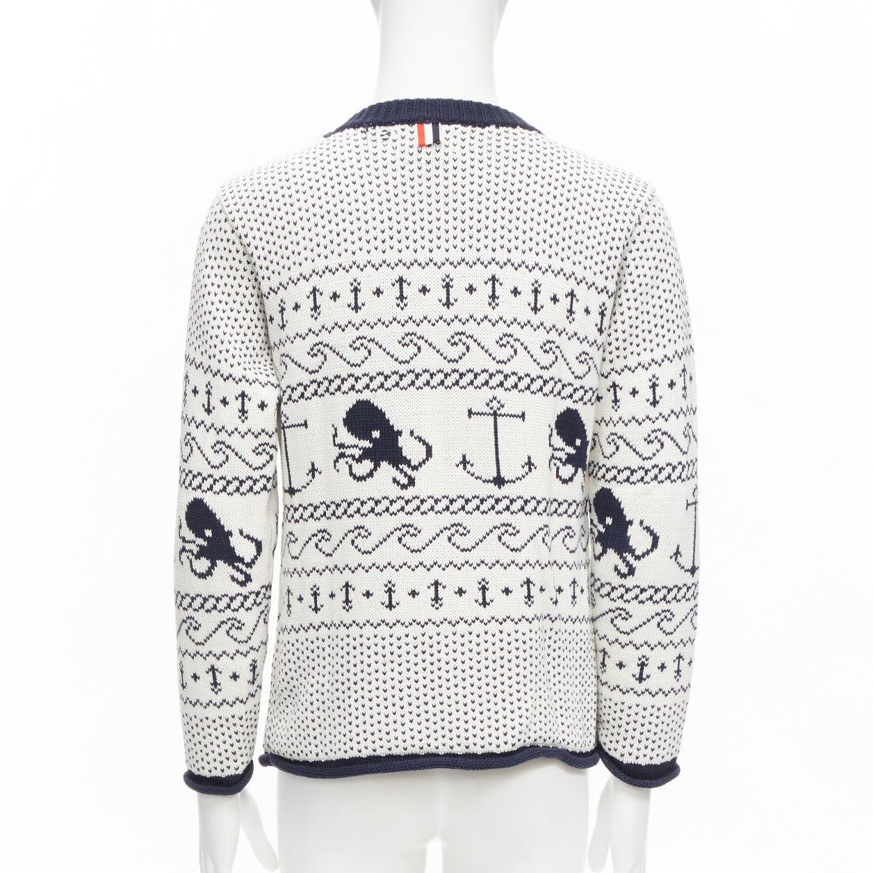 Men's THOM BROWNE off nautical octopus intarsia button shoulder ringer sweater SZ.3 L For Sale