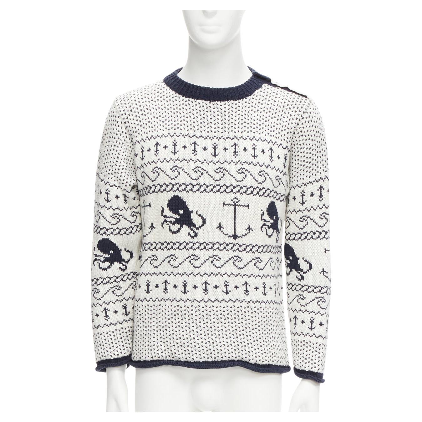 THOM BROWNE off nautical octopus intarsia button shoulder ringer sweater SZ.3 L For Sale